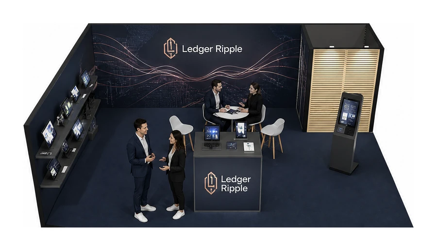 Stoisko 8 × 6 m narożne lewe dla branży płatności online, przykładowa marka Ledger Ripple