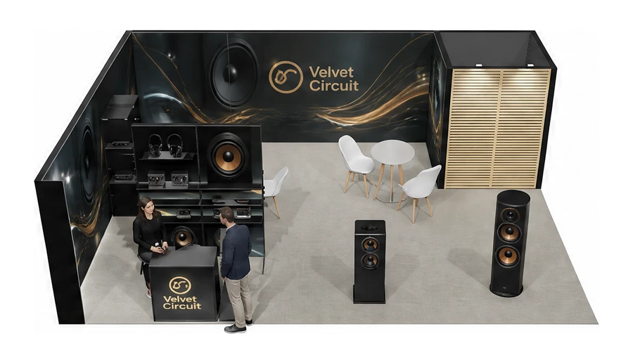 Stoisko 8 × 6 m narożne lewe dla branży sprzęt audio-video, przykładowa marka Velvet Circuit