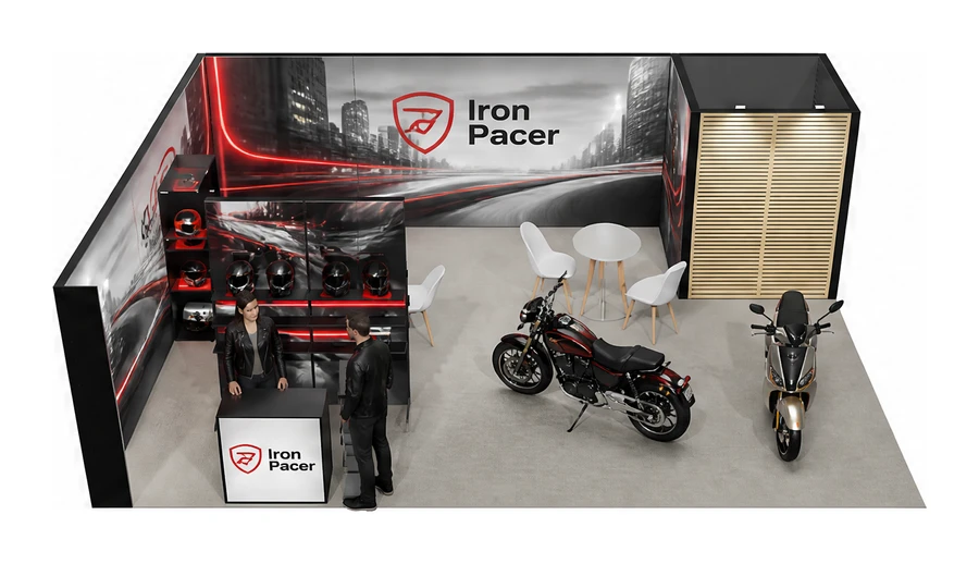 Stoisko 8 × 6 m narożne lewe dla branży motocykle i skutery, przykładowa marka Iron Pacer