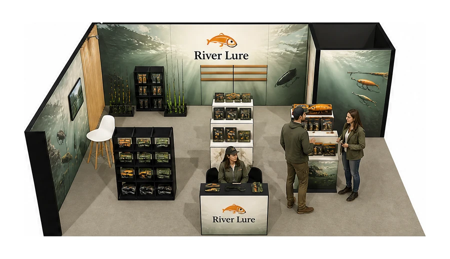 Stoisko 8 × 6 m narożne lewe dla branży wędkarstwo, przykładowa marka River Lure