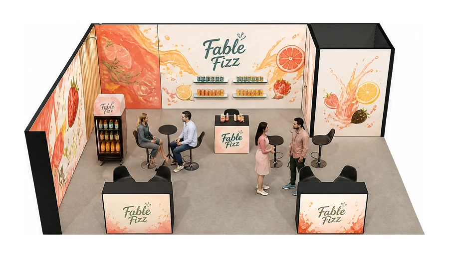 Stoisko 8 × 6 m narożne lewe dla branży napoje, przykładowa marka Fable Fizz