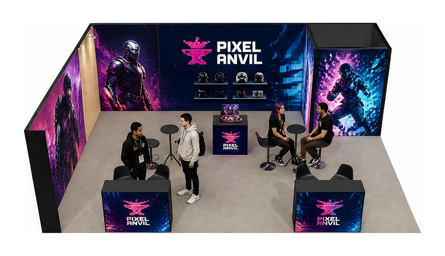 Stoisko 8 × 6 m narożne lewe dla branży gry wideo, przykładowa marka Pixel Anvil