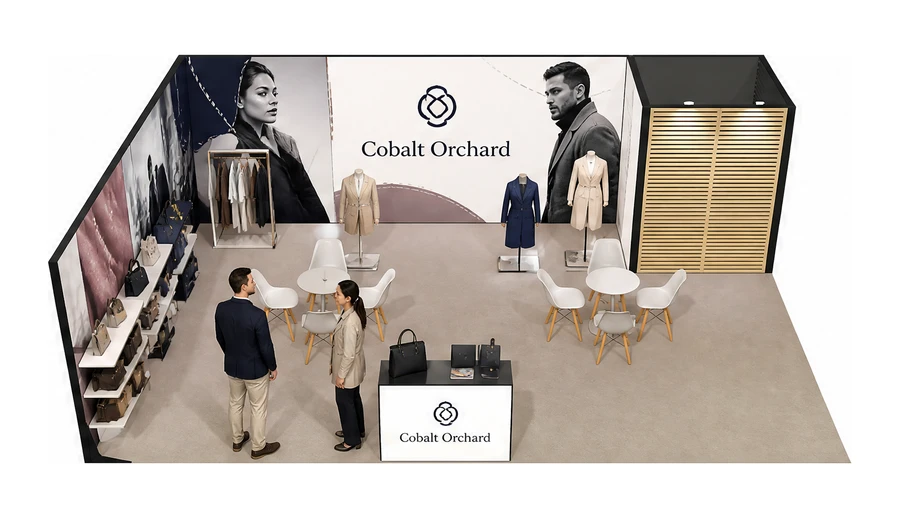 Stoisko 8 × 6 m narożne lewe dla branży odzież i moda, przykładowa marka Cobalt Orchard