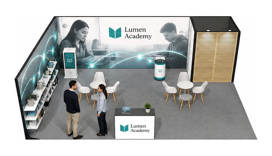Stoisko 8 × 6 m narożne lewe dla branży edukacja i szkolenia, przykładowa marka Lumen Academy
