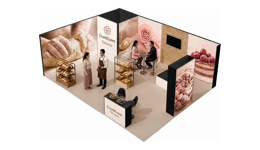 Stoisko 8 × 6 m narożne lewe dla branży piekarnictwo i cukiernictwo, przykładowa marka CrumbLoom Patisserie