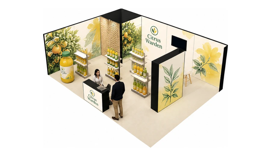 Stoisko 8 × 6 m narożne lewe dla branży napoje, przykładowa marka Citrus Warden