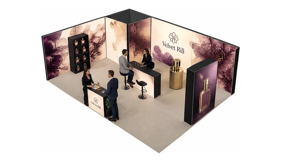 Stoisko 8 × 6 m narożne lewe dla branży perfumy, przykładowa marka Velvet Rill