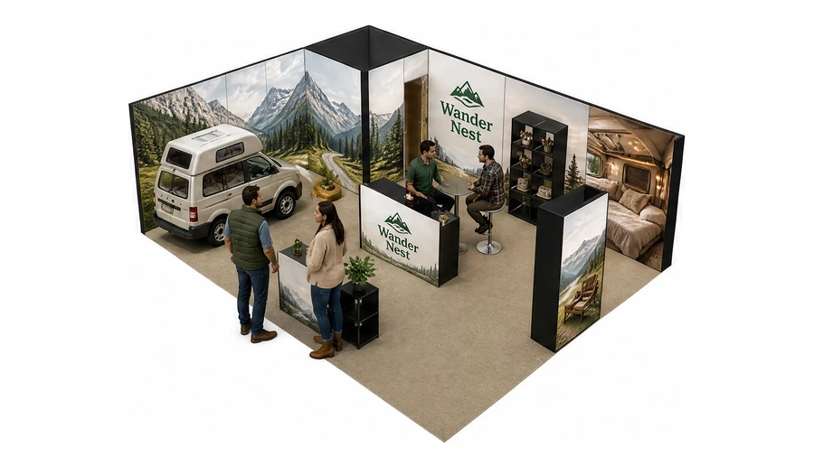 Stoisko 8 × 6 m narożne lewe dla branży caravaning i kampery, przykładowa marka Wander Nest