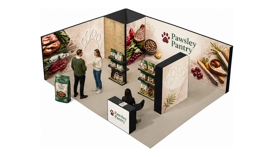 Stoisko 8 × 6 m narożne lewe dla branży karma dla zwierząt, przykładowa marka Pawsley Pantry