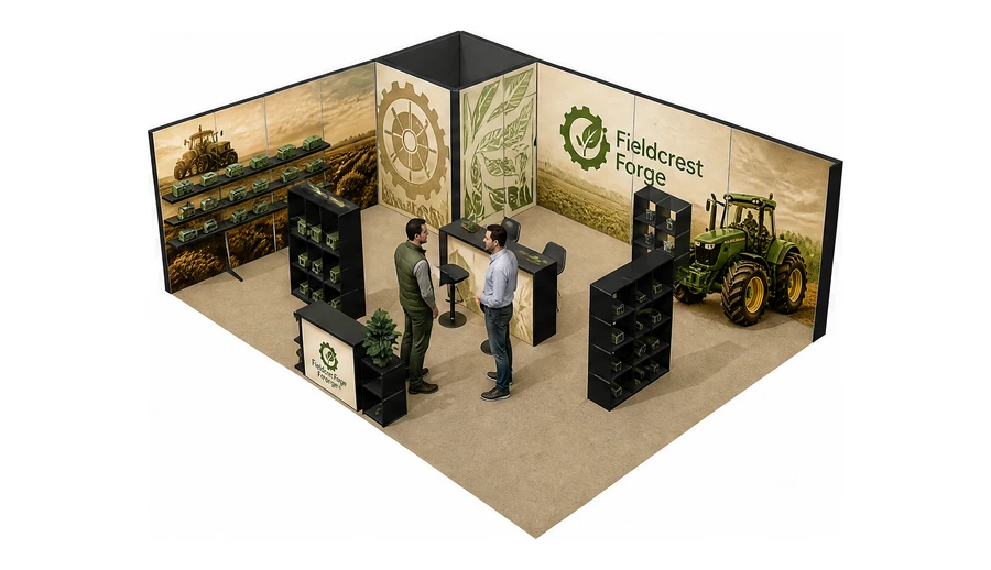 Stoisko 8 × 6 m narożne lewe dla branży maszyny rolnicze, przykładowa marka Fieldcrest Forge