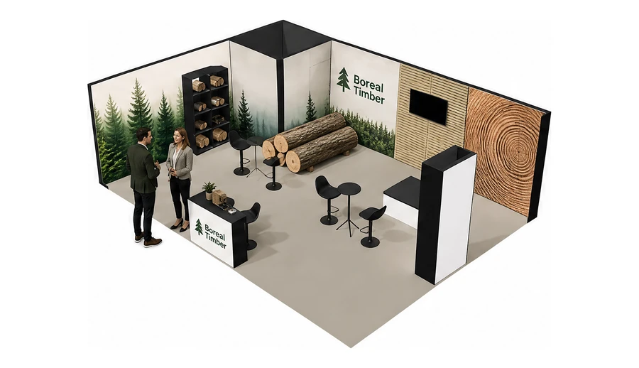 Stoisko 8 × 6 m narożne lewe dla branży leśnictwo i przemysł drzewny, przykładowa marka Boreal Timber