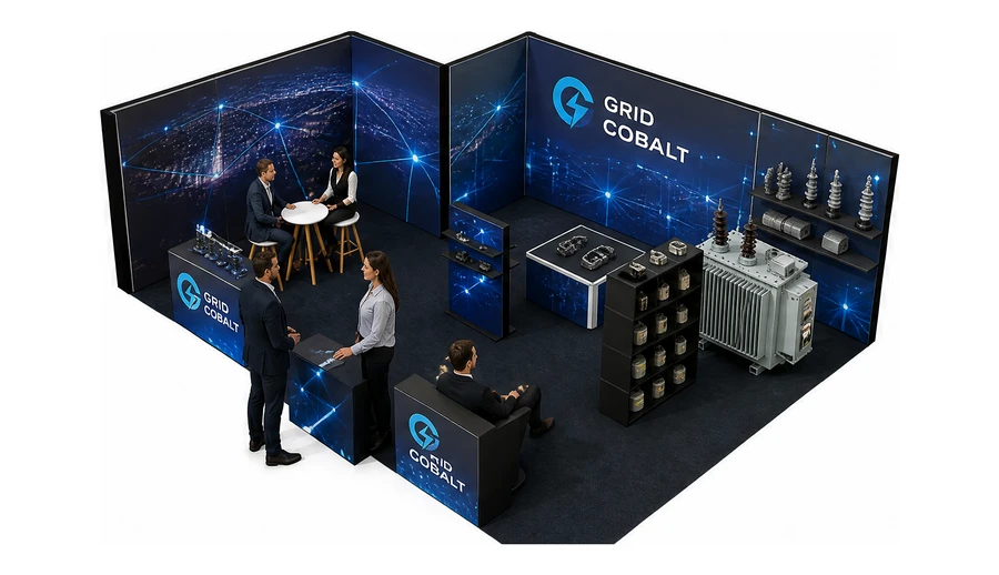 Stoisko 8 × 6 m narożne lewe dla branży energetyka i sieci, przykładowa marka Grid Cobalt