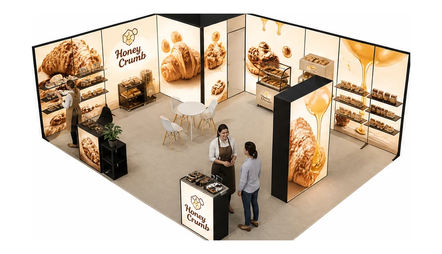 Stoisko 8 × 6 m narożne lewe dla branży piekarnictwo i cukiernictwo, przykładowa marka Honey Crumb
