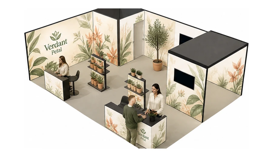 Stoisko 8 × 6 m narożne lewe dla branży rośliny i kwiaciarstwo, przykładowa marka Verdant Petal