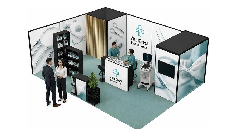 Stoisko 8 × 6 m narożne lewe dla branży sprzęt medyczny, przykładowa marka VitalCrest Instruments