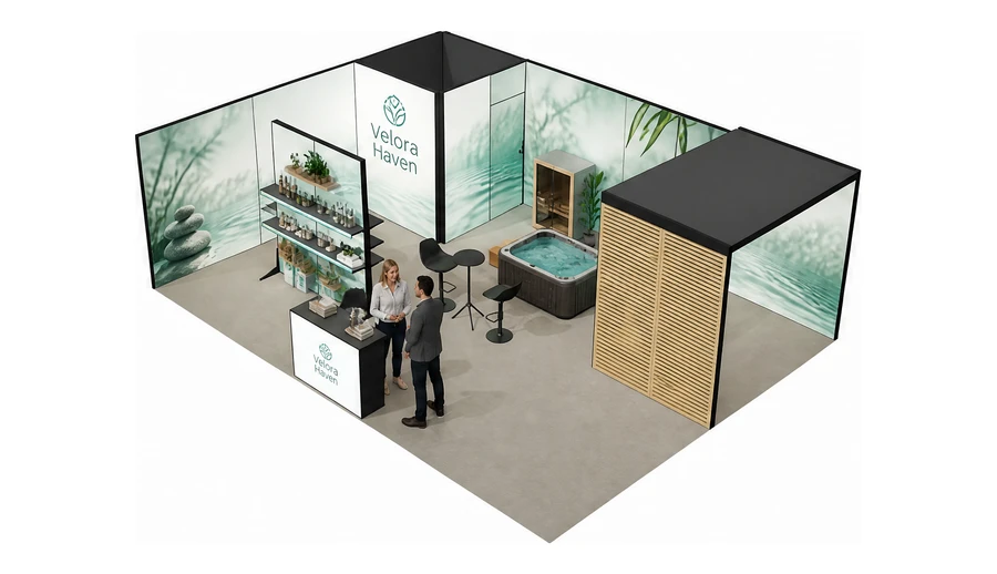 Stoisko 8 × 6 m narożne lewe dla branży spa i wellness, przykładowa marka Velora Haven