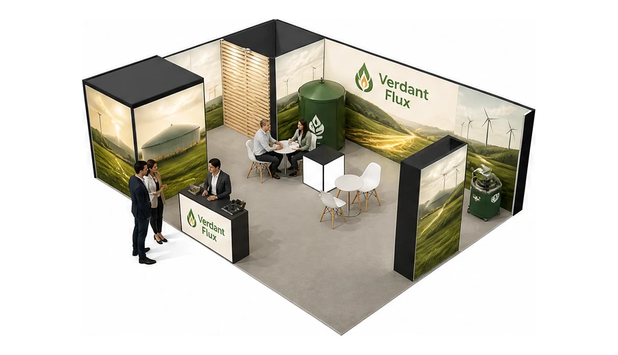Stoisko 8 × 6 m narożne lewe dla branży biogaz i OZE, przykładowa marka Verdant Flux