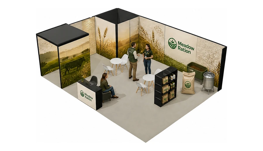 Stoisko 8 × 6 m narożne lewe dla branży hodowla i pasze, przykładowa marka Meadow Ration