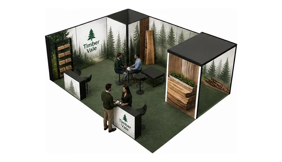 Stoisko 8 × 6 m narożne lewe dla branży leśnictwo i przemysł drzewny, przykładowa marka Timber Vale