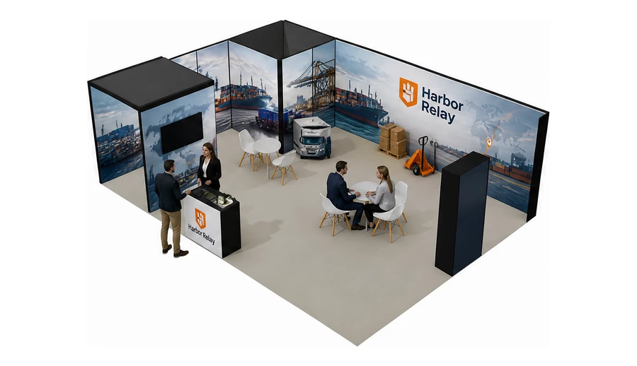 Stoisko 8 × 6 m narożne lewe dla branży logistyka i spedycja, przykładowa marka Harbor Relay