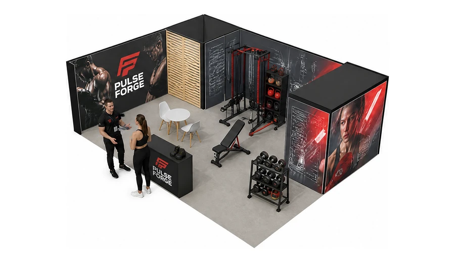 Stoisko 8 × 6 m narożne lewe dla branży fitness i siłownie, przykładowa marka Pulse Forge