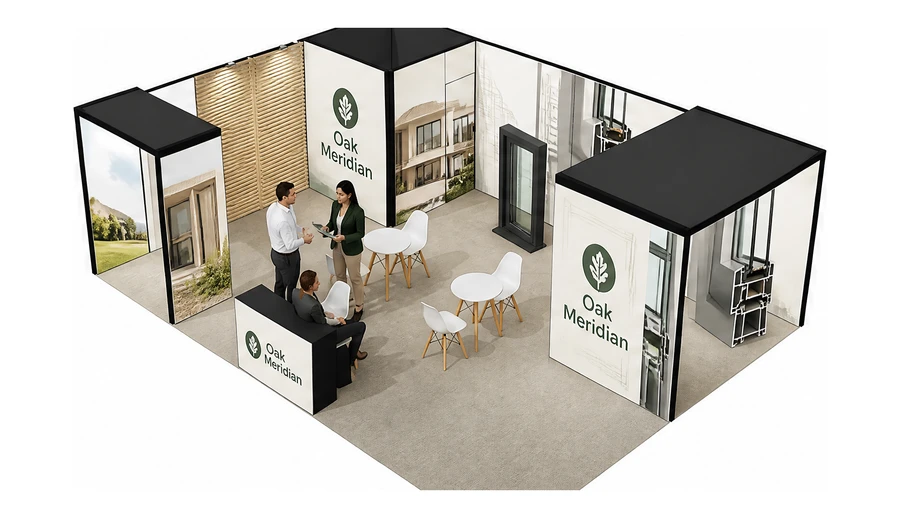Stoisko 8 × 6 m narożne lewe dla branży okna i drzwi, przykładowa marka Oak Meridian