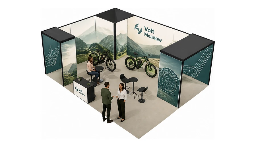 Stoisko 8 × 6 m narożne lewe dla branży rowery elektryczne, przykładowa marka Volt Meadow