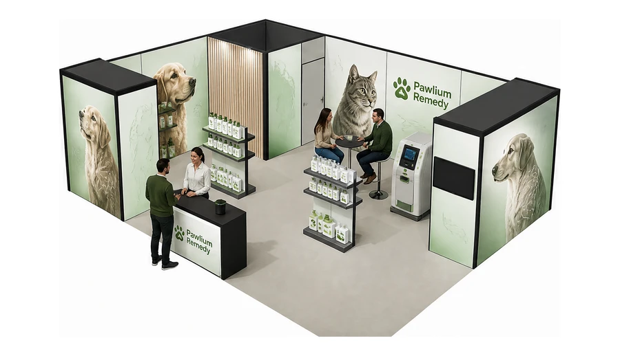 Stoisko 8 × 6 m narożne lewe dla branży weterynaria, przykładowa marka Pawlium Remedy