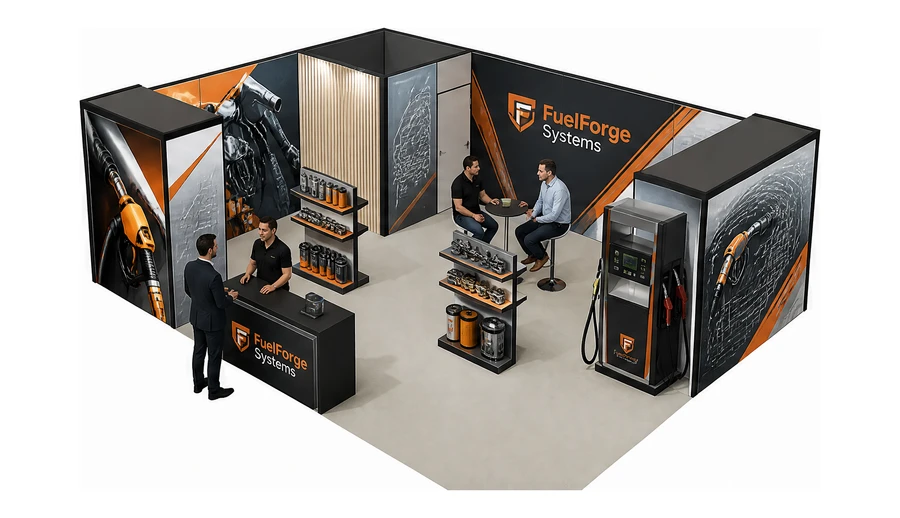 Stoisko 8 × 6 m narożne lewe dla branży stacje paliw, przykładowa marka FuelForge Systems