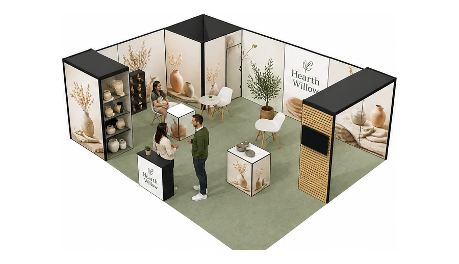 Stoisko 8 × 6 m narożne lewe dla branży dekoracje i upominki, przykładowa marka Hearth Willow