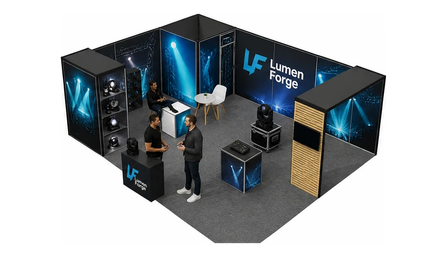 Stoisko 8 × 6 m narożne lewe dla branży branża eventowa, przykładowa marka Lumen Forge