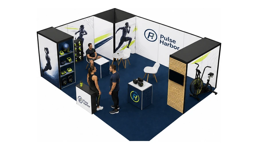Stoisko 8 × 6 m narożne lewe dla branży fitness i siłownie, przykładowa marka Pulse Harbor