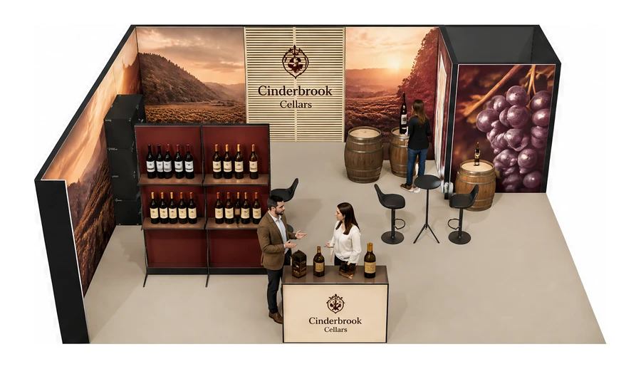 Stoisko 8 × 6 m narożne lewe dla branży winnica, przykładowa marka Cinderbrook Cellars