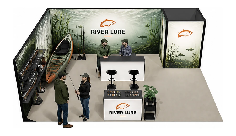 Stoisko 8 × 6 m narożne lewe dla branży wędkarstwo, przykładowa marka River Lure