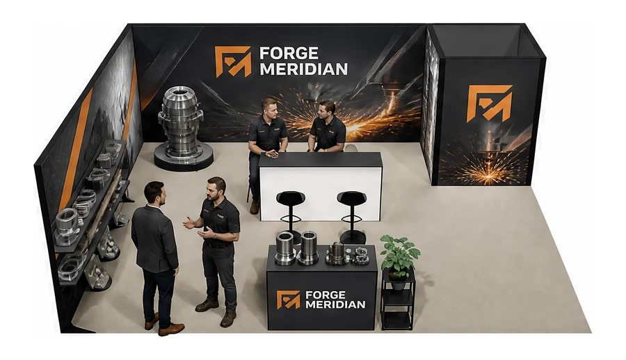 Stoisko 8 × 6 m narożne lewe dla branży obróbka metali i odlewnictwo, przykładowa marka Forge Meridian
