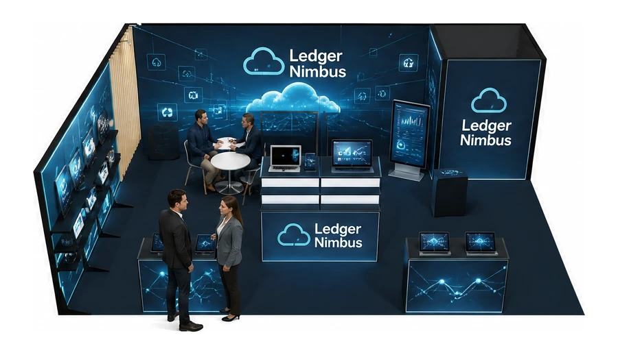 Stoisko 8 × 6 m narożne lewe dla branży oprogramowanie dla firm, przykładowa marka Ledger Nimbus