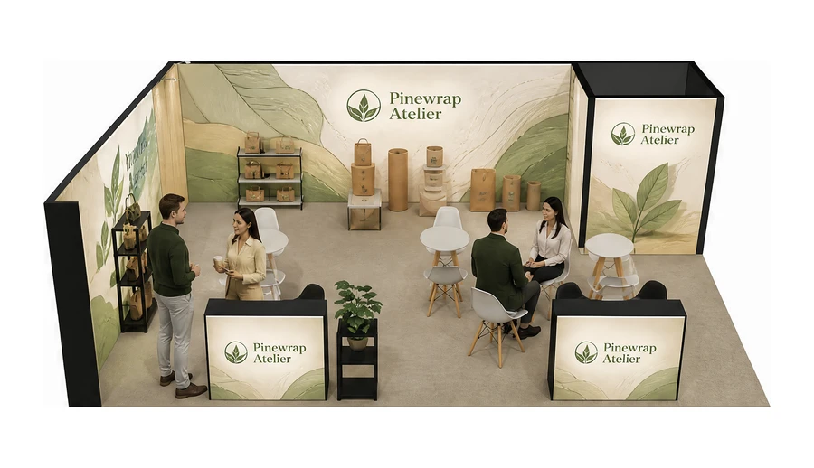 Stoisko 8 × 6 m narożne lewe dla branży opakowania ekologiczne, przykładowa marka Pinewrap Atelier