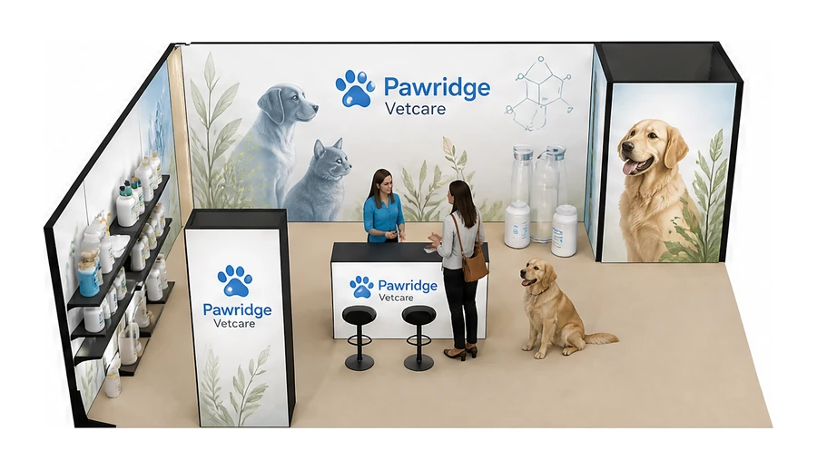 Stoisko 8 × 6 m narożne lewe dla branży weterynaria, przykładowa marka Pawridge Vetcare