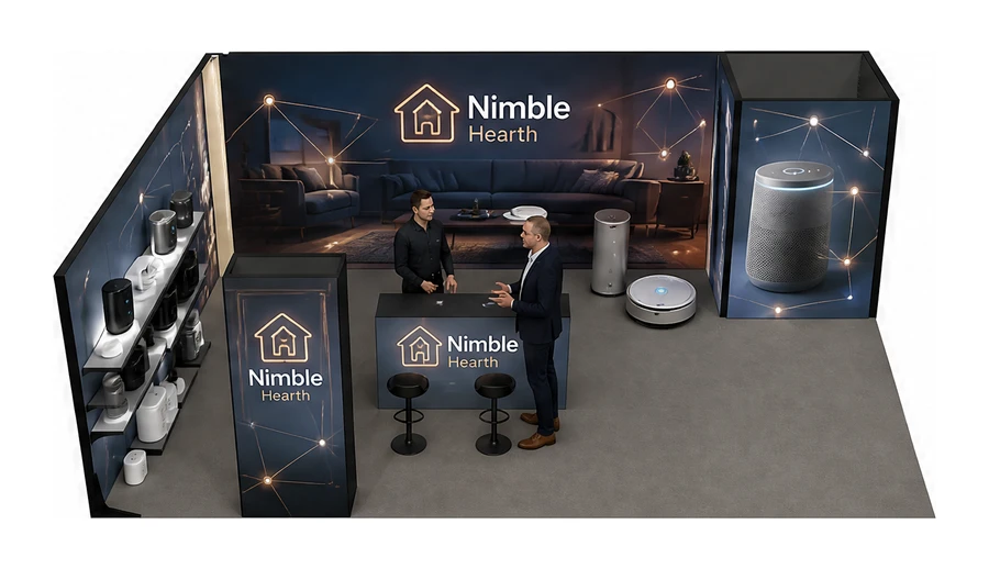 Stoisko 8 × 6 m narożne lewe dla branży smart home i IoT, przykładowa marka Nimble Hearth