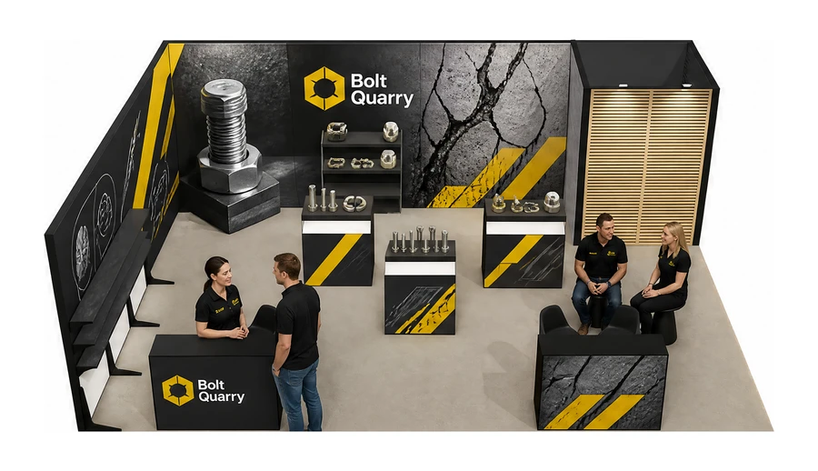 Stoisko 8 × 6 m narożne lewe dla branży elementy złączne, przykładowa marka Bolt Quarry