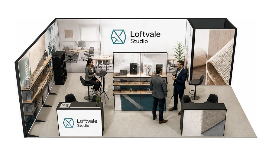 Stoisko 8 × 6 m narożne lewe dla branży meble biurowe, przykładowa marka Loftvale Studio
