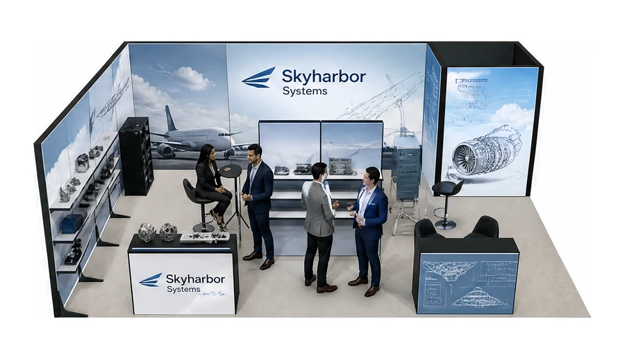 Stoisko 8 × 6 m narożne lewe dla branży lotnictwo, przykładowa marka Skyharbor Systems