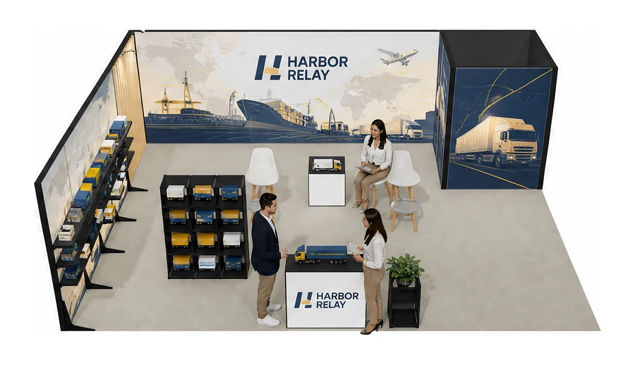 Stoisko 8 × 6 m narożne lewe dla branży logistyka i spedycja, przykładowa marka Harbor Relay