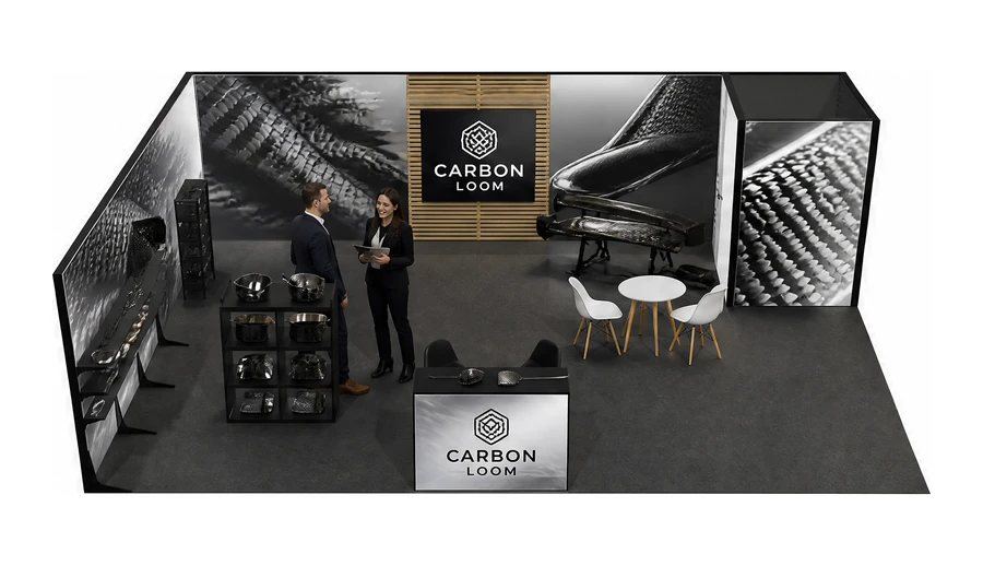 Stoisko 8 × 6 m narożne lewe dla branży materiały kompozytowe, przykładowa marka Carbon Loom