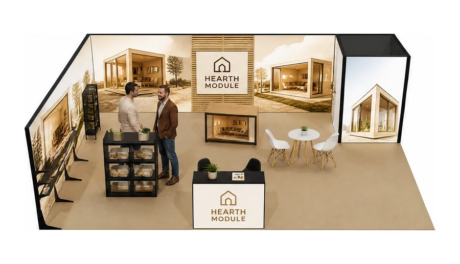 Stoisko 8 × 6 m narożne lewe dla branży domy modułowe i prefabrykacja, przykładowa marka Hearth Module
