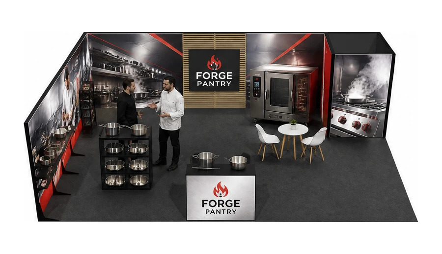 Stoisko 8 × 6 m narożne lewe dla branży wyposażenie gastronomii, przykładowa marka Forge Pantry