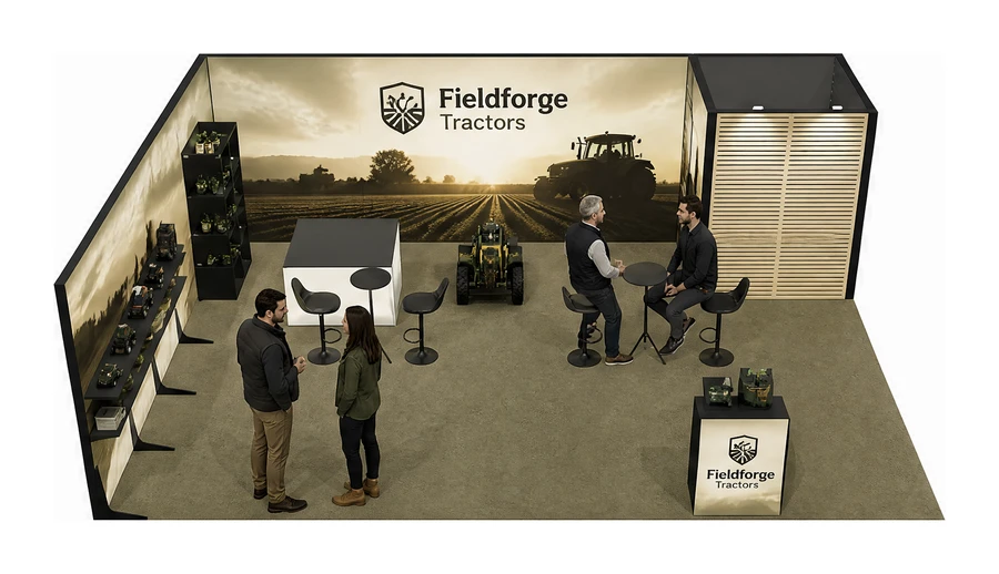 Stoisko 8 × 6 m narożne lewe dla branży maszyny rolnicze, przykładowa marka Fieldforge Tractors