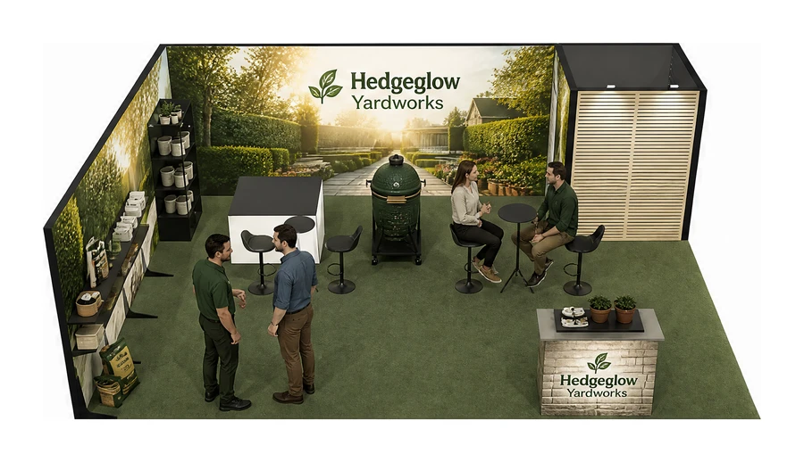Stoisko 8 × 6 m narożne lewe dla branży ogród i architektura krajobrazu, przykładowa marka Hedgeglow Yardworks