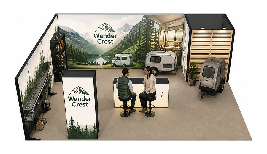 Stoisko 8 × 6 m narożne lewe dla branży caravaning i kampery, przykładowa marka Wander Crest