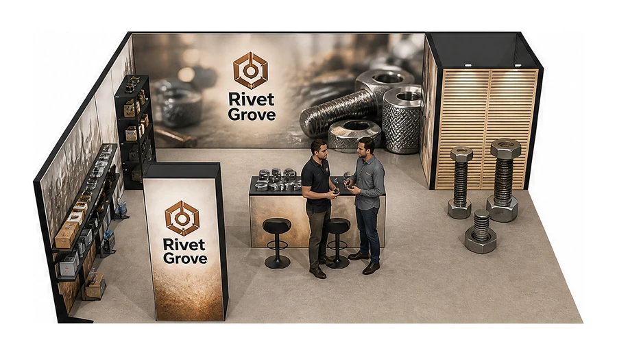 Stoisko 8 × 6 m narożne lewe dla branży elementy złączne, przykładowa marka Rivet Grove